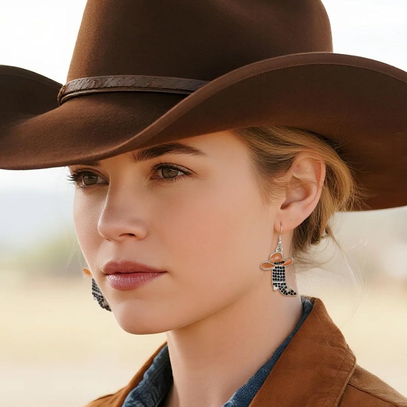 RechicGu Rhinestone Western Boots Earrings Cowgirl Cowboy Enamel Hat Bohemian Rodeo Boot Drop Dangle Earrings for Women - Image 2